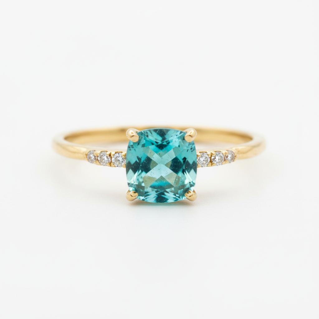 14K solid gold gemstone ring on white background