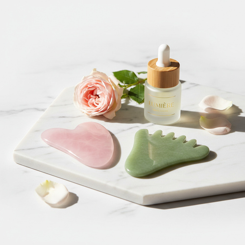 Rose quartz and jade gua sha stone set on white background