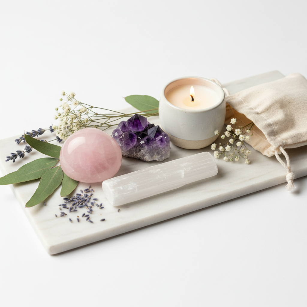 Self care crystal kit with rose quartz amethyst selenite candle and dried flowers on white background