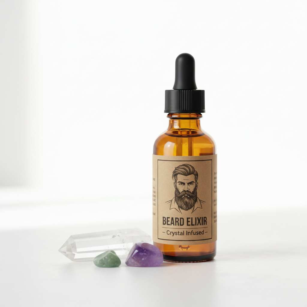 Crystal-infused beard oil in amber glass dropper bottle on white background