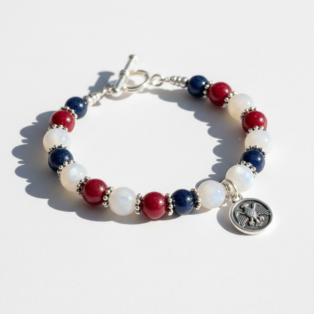 Patriotic red white and blue gemstone bracelet on white background