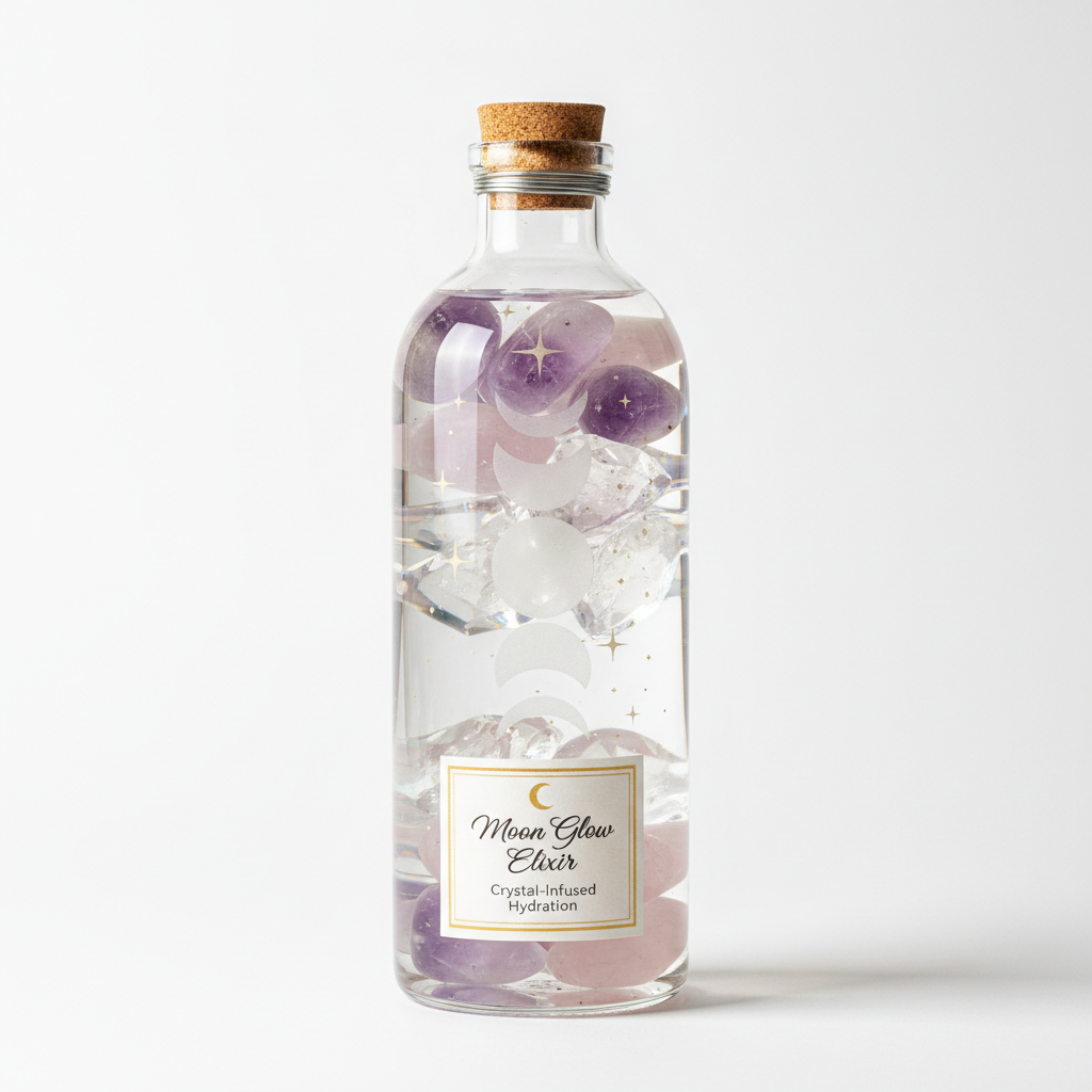 Crystal-infused moon water bottle with healing crystals on white background