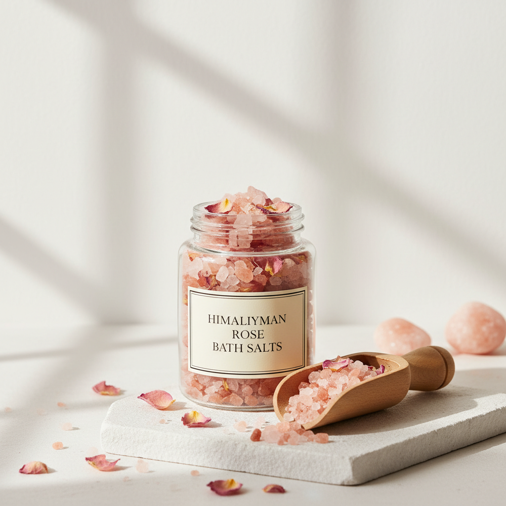 Himalayan pink bath salts in glass jar with rose petals on white background