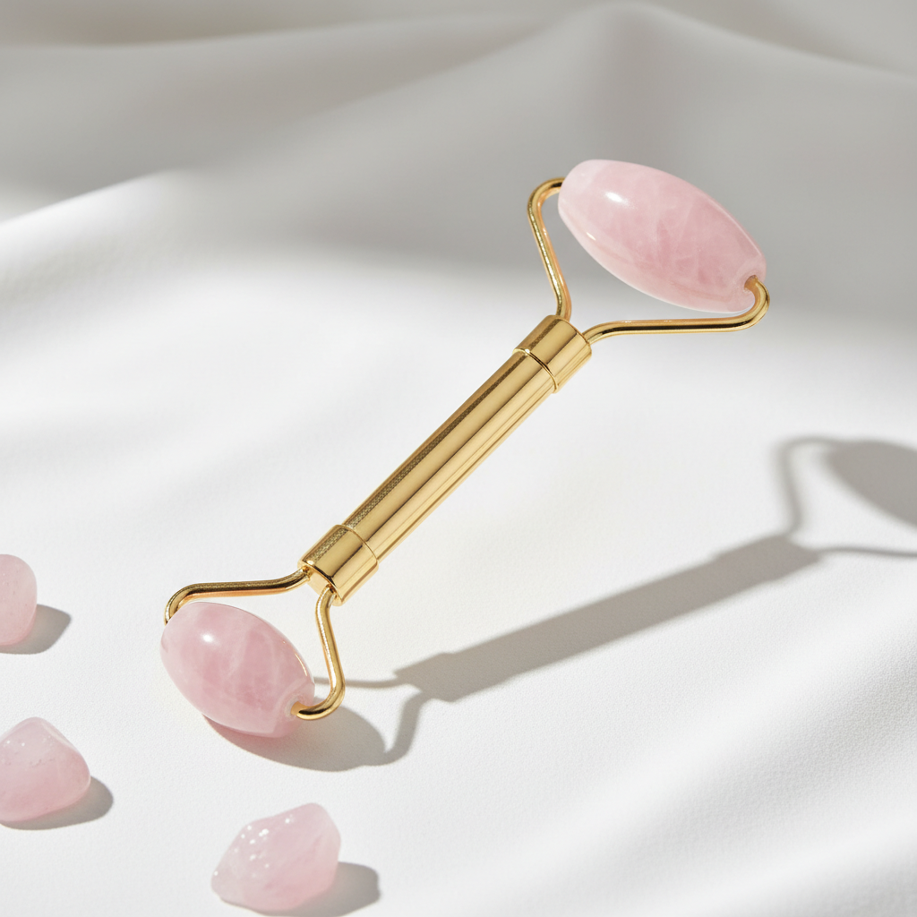 Rose quartz facial roller with gold handle on white background